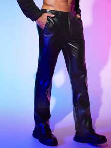 Manfinity Men Slant Pocket PU Leather Trousers - Black - View 1