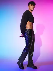 Manfinity Men Slant Pocket PU Leather Trousers - Black - View 3