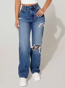 SHEIN PETITE High Waist Cut Out Ripped Frayed Straight Leg Jeans - Medium Wash - View 1