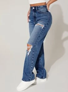 SHEIN PETITE High Waist Cut Out Ripped Frayed Straight Leg Jeans - Medium Wash - View 2