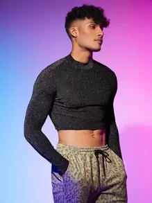 Manfinity RebelGame Men Mock Neck Glitter Crop Tee - Black - View 1