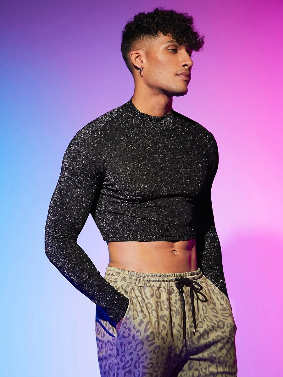 Manfinity RebelGame Men Mock Neck Glitter Crop Tee - Black - View 1