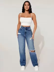 SHEIN PETITE High Waist Cut Out Ripped Frayed Straight Leg Jeans - Medium Wash - View 3