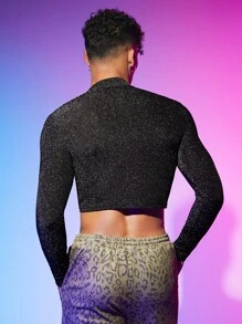 Manfinity RebelGame Men Mock Neck Glitter Crop Tee - Black - View 2