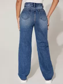 SHEIN PETITE High Waist Cut Out Ripped Frayed Straight Leg Jeans - Medium Wash - View 5