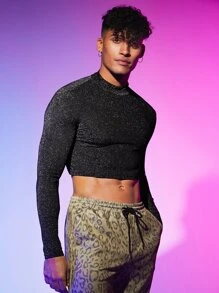 Manfinity RebelGame Men Mock Neck Glitter Crop Tee - Black - View 4