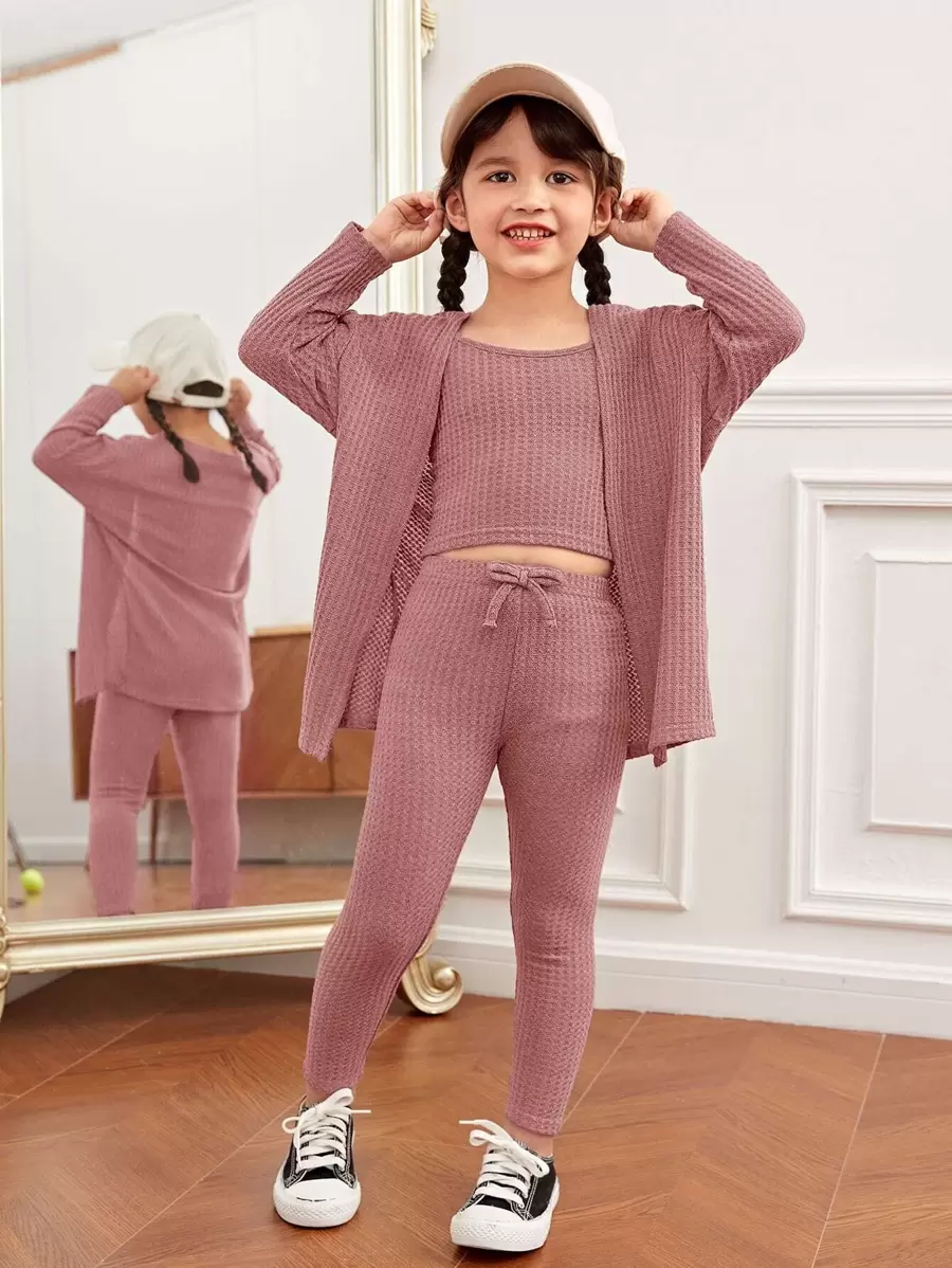 SHEIN 年輕女孩落肩窩洞針織上衣與背心和系腰打底褲套裝 - 藕粉色 - 查看 1