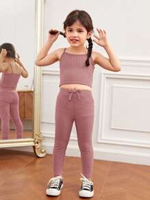 SHEIN 年輕女孩落肩窩洞針織上衣與背心和系腰打底褲套裝 - 藕粉色 - 查看 3