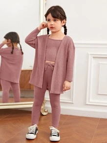 SHEIN 年輕女孩落肩窩洞針織上衣與背心和系腰打底褲套裝 - 藕粉色 - 查看 4