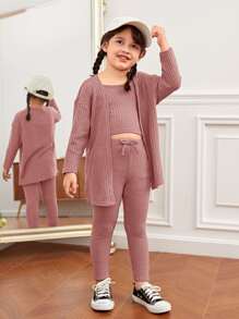 SHEIN 年輕女孩落肩窩洞針織上衣與背心和系腰打底褲套裝 - 藕粉色 - 查看 5