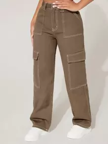 SHEIN PETITE 高腰翻蓋口袋工裝牛仔褲 - 摩卡棕 - 查看 4