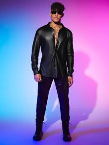 Manfinity VCAY Men Solid Button Front Shirt - Black - View 4