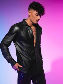 Manfinity VCAY Men Solid Button Front Shirt - Black - View 6
