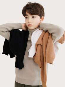 CUNYI 男孩1入組素色高領加絨內裏套頭毛衣 - 卡其色 - 查看 6