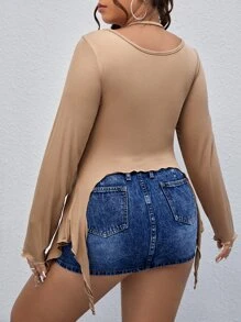 SHEIN Unity Plus Drawstring Asymmetrical Hem Halter Neck Tee - Camel - View 2