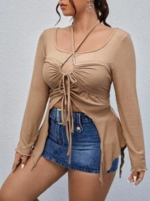 SHEIN Unity Plus Drawstring Asymmetrical Hem Halter Neck Tee - Camel - View 4