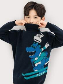 Boys Dinosaur & Letter Pattern Turtleneck Jumper - Navy Blue - View 2