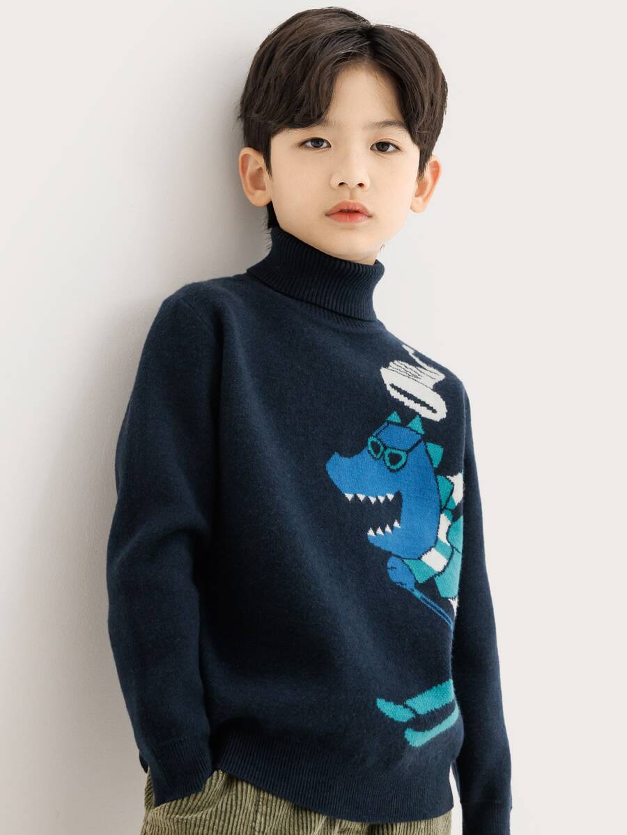 Boys Dinosaur & Letter Pattern Turtleneck Jumper - Navy Blue - View 1