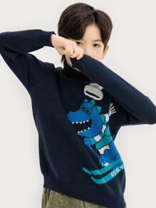 Boys Dinosaur & Letter Pattern Turtleneck Jumper - Navy Blue - View 6