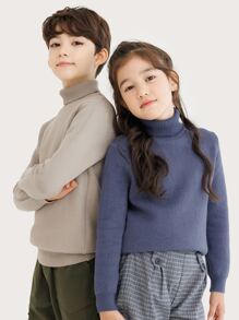 CUNYI 男孩1入組素色高領加絨內裏套頭毛衣 - 卡其色 - 查看 7
