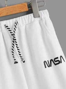 SHEIN 男孩字母圖案腰部抽繩衛褲 - 白色 - 查看 3