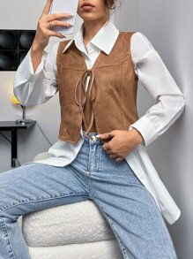 SHEIN VCAY Knot Front Faux Suede Vest Jacket Without Blouse - Brown - View 3