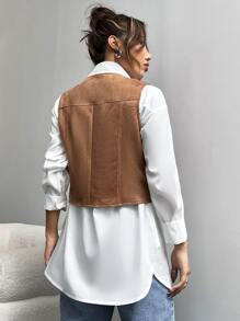 SHEIN VCAY Knot Front Faux Suede Vest Jacket Without Blouse - Brown - View 2