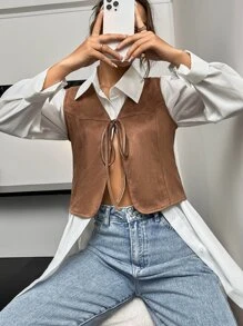 SHEIN VCAY Knot Front Faux Suede Vest Jacket Without Blouse - Brown - View 4