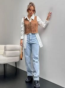 SHEIN VCAY Knot Front Faux Suede Vest Jacket Without Blouse - Brown - View 5