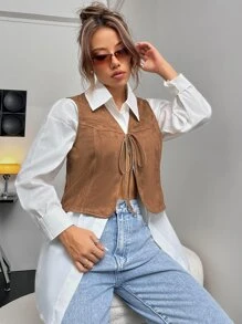 SHEIN VCAY Knot Front Faux Suede Vest Jacket Without Blouse - Brown - View 6