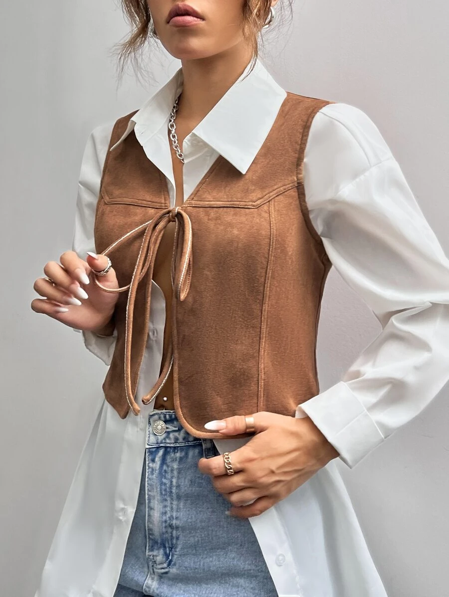 SHEIN VCAY Knot Front Faux Suede Vest Jacket Without Blouse - Brown - View 1