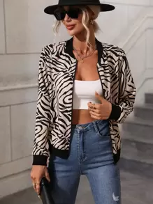 SHEIN LUNE Zebra Striped Zipper Bomber Jacket - Khaki - View 1