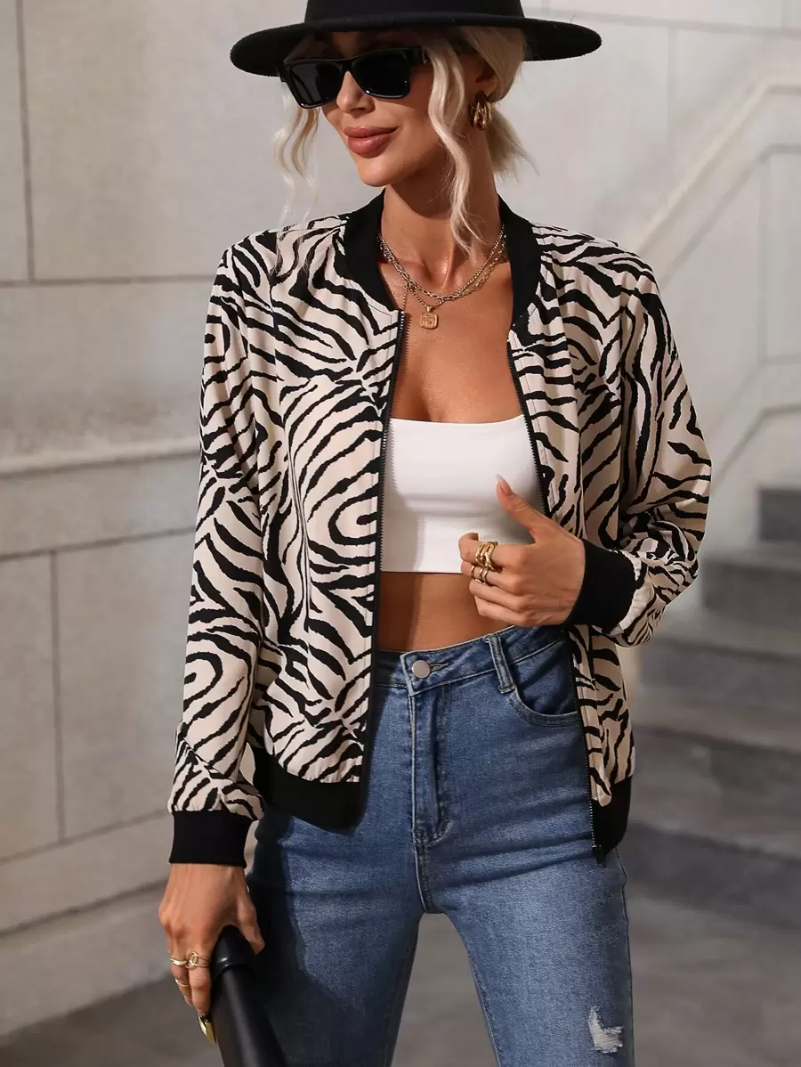 SHEIN LUNE Zebra Striped Zipper Bomber Jacket - Khaki - View 1