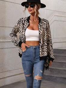 SHEIN LUNE Zebra Striped Zipper Bomber Jacket - Khaki - View 5