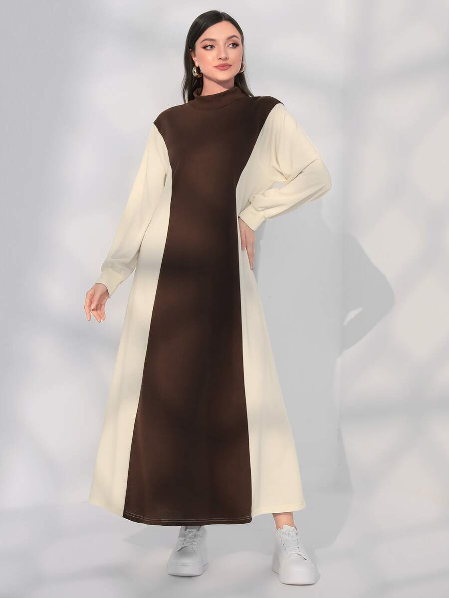 Mulvari Two Tone Mock Neck Drop Shoulder Sweatshirt Dress - Chocolate Brown - View 1