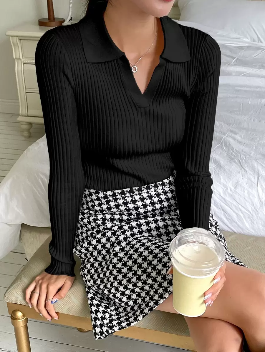 DAZY Solid Ribbed Knit Jumper - Black - View 1