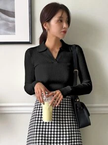 DAZY Solid Ribbed Knit Jumper - Black - View 7