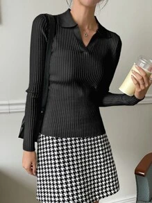 DAZY Solid Ribbed Knit Jumper - Black - View 9