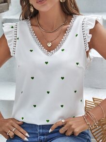 SHEIN Frenchy Áo sơ mi nữ Tương phản ren Xù Tim Boho - Màu xanh lá cây đậm - Xem 1