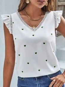 SHEIN Frenchy Áo sơ mi nữ Tương phản ren Xù Tim Boho - Màu xanh lá cây đậm - Xem 2