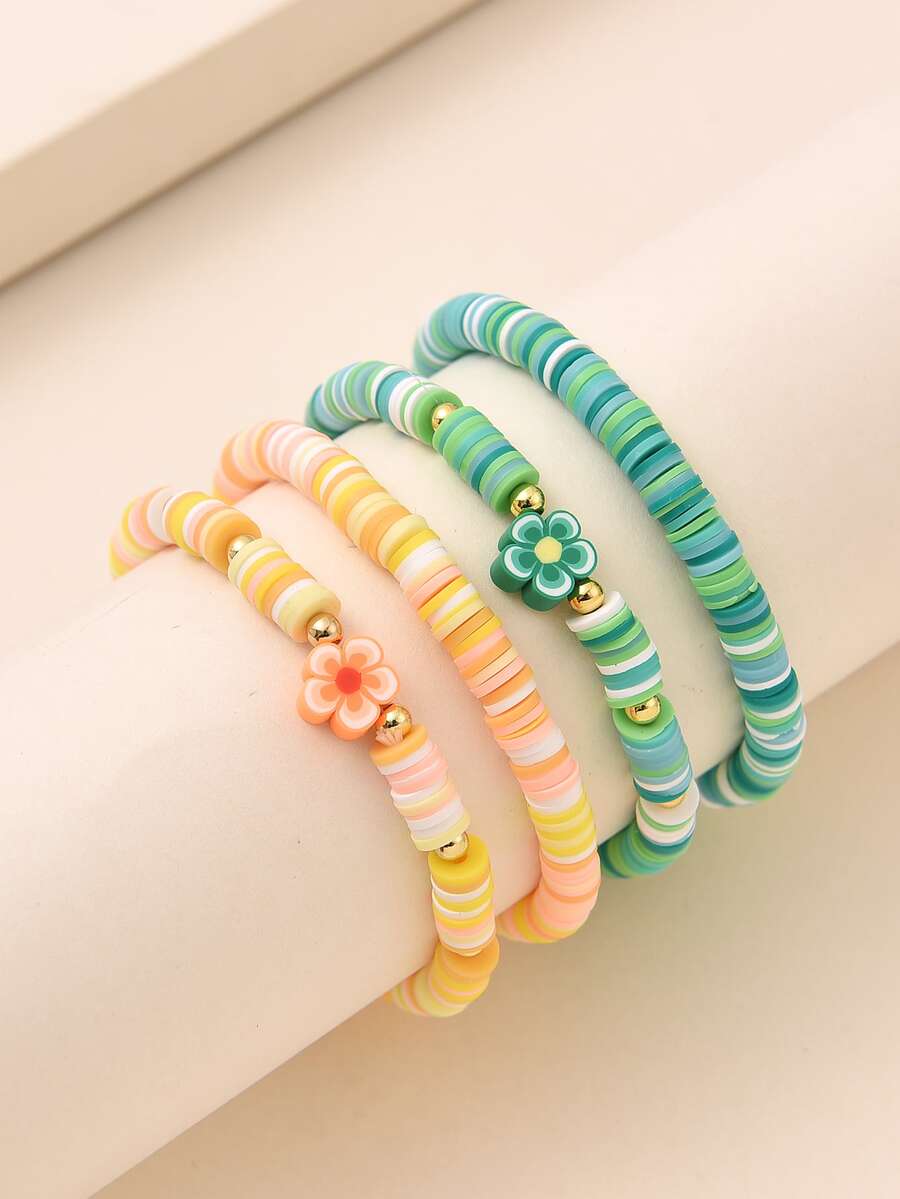 4pcs Flower Decor Beaded Bracelet - Multicolor - View 1