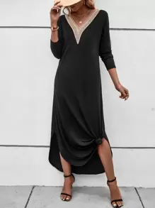 SHEIN LUNE 蕾絲拼接弧形下擺洋裝不附腰帶 - 黑色 - 查看 5