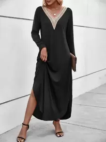 SHEIN LUNE 蕾絲拼接弧形下擺洋裝不附腰帶 - 黑色 - 查看 1