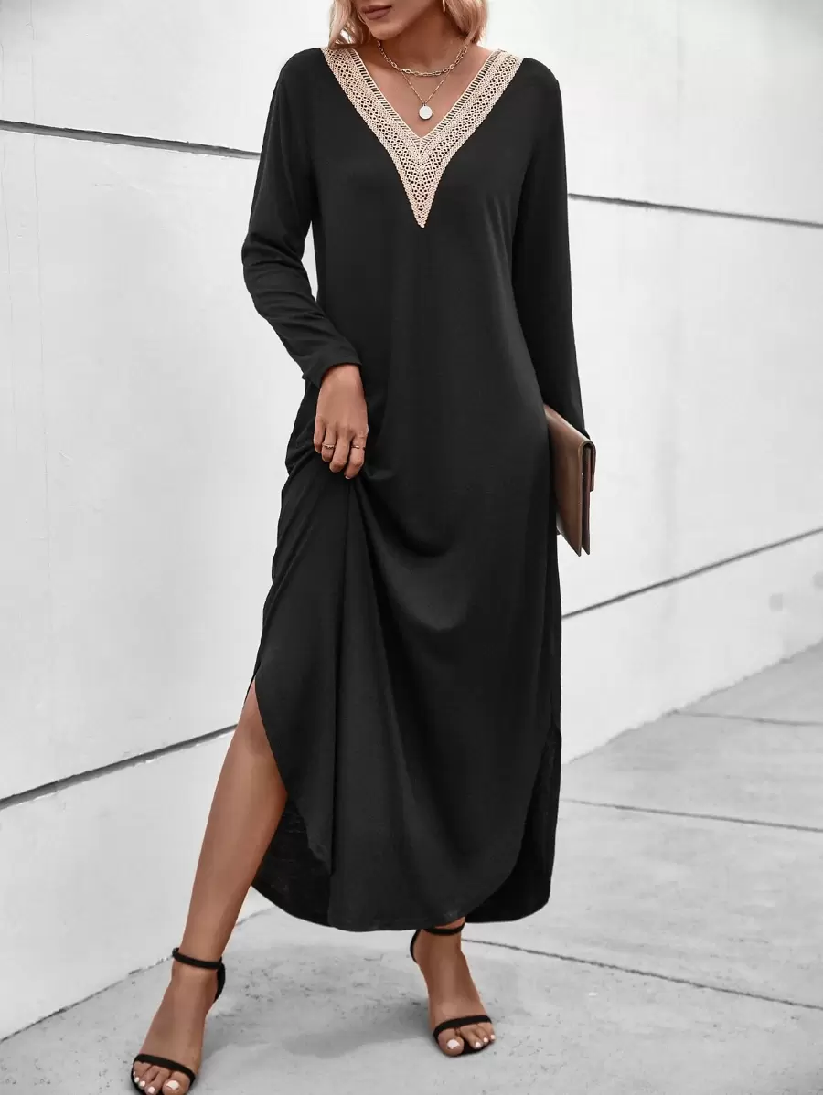 SHEIN LUNE 蕾絲拼接弧形下擺洋裝不附腰帶 - 黑色 - 查看 1