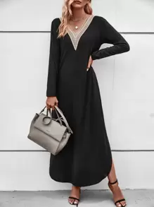 SHEIN LUNE 蕾絲拼接弧形下擺洋裝不附腰帶 - 黑色 - 查看 6