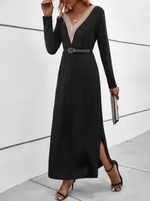 SHEIN LUNE 蕾絲拼接弧形下擺洋裝不附腰帶 - 黑色 - 查看 3