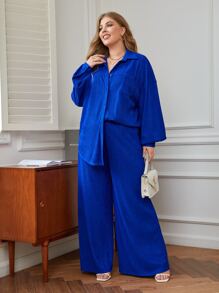 SHEIN Clasi Plus Drop Shoulder Blouse & Wide Leg Trousers - Royal Blue - View 3