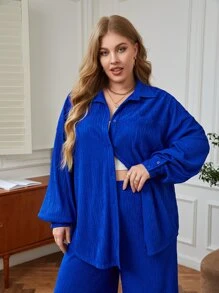 SHEIN Clasi Plus Drop Shoulder Blouse & Wide Leg Trousers - Royal Blue - View 4
