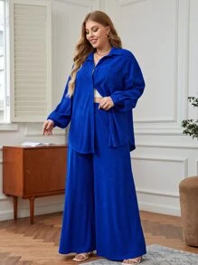 SHEIN Clasi Plus Drop Shoulder Blouse & Wide Leg Trousers - Royal Blue - View 5