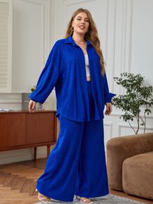 SHEIN Clasi Plus Drop Shoulder Blouse & Wide Leg Trousers - Royal Blue - View 6